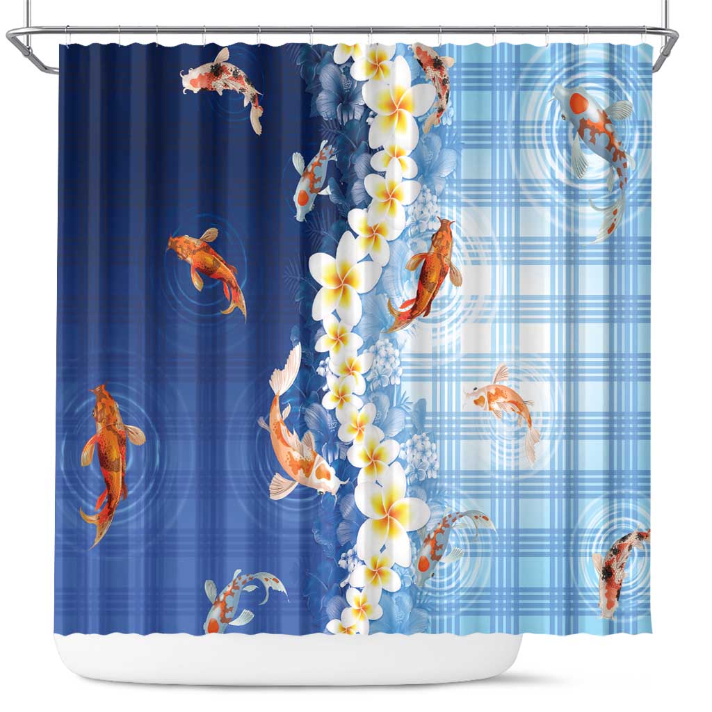 Hawaii And Japan Shower Curtain Plumeria Lei With Koi Fish Blue LT05 Blue - Polynesian Pride