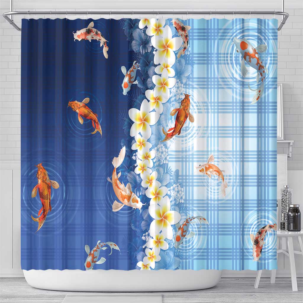 Hawaii And Japan Shower Curtain Plumeria Lei With Koi Fish Blue - Polynesian Pride