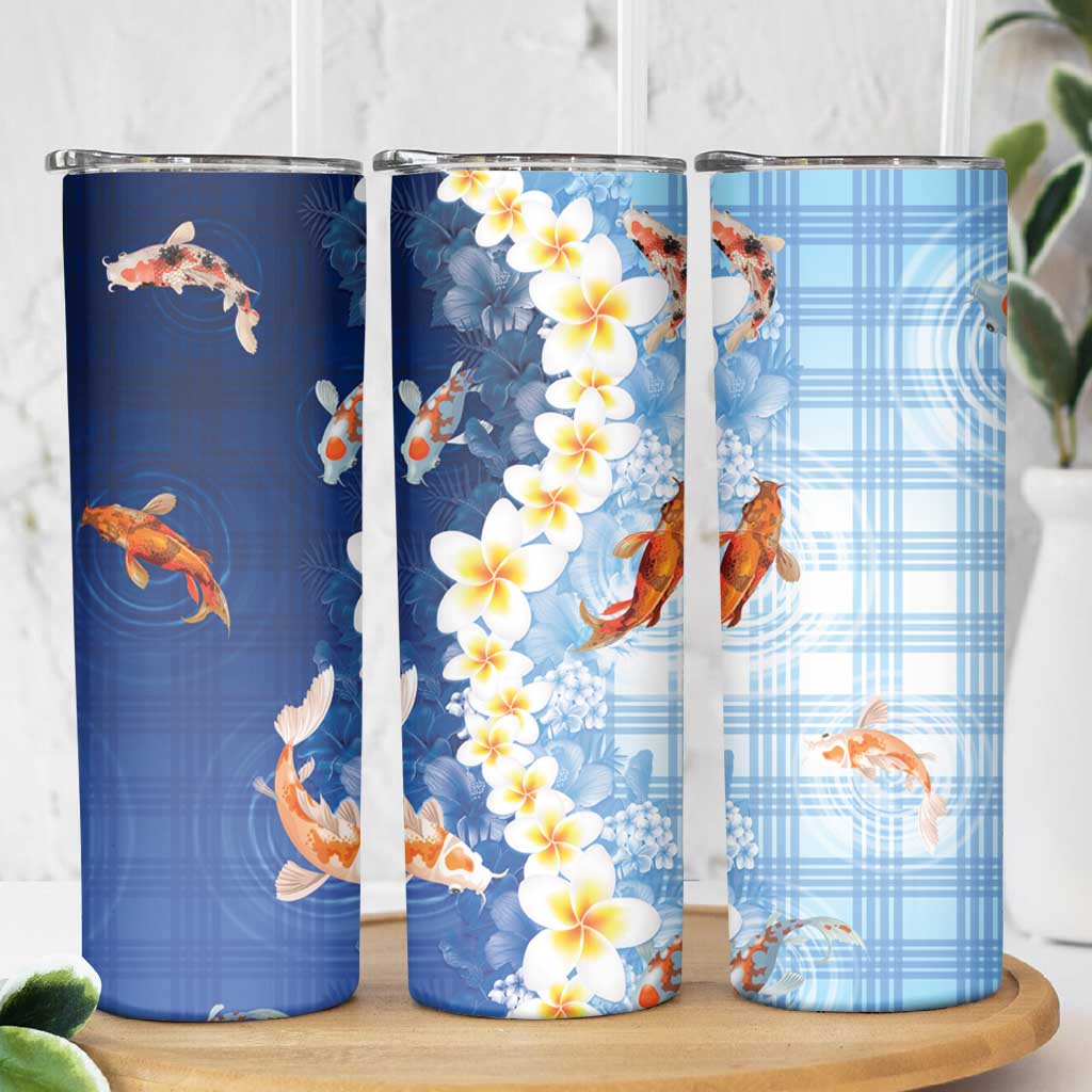 Hawaii And Japan Skinny Tumbler Plumeria Lei With Koi Fish Blue - Polynesian Pride
