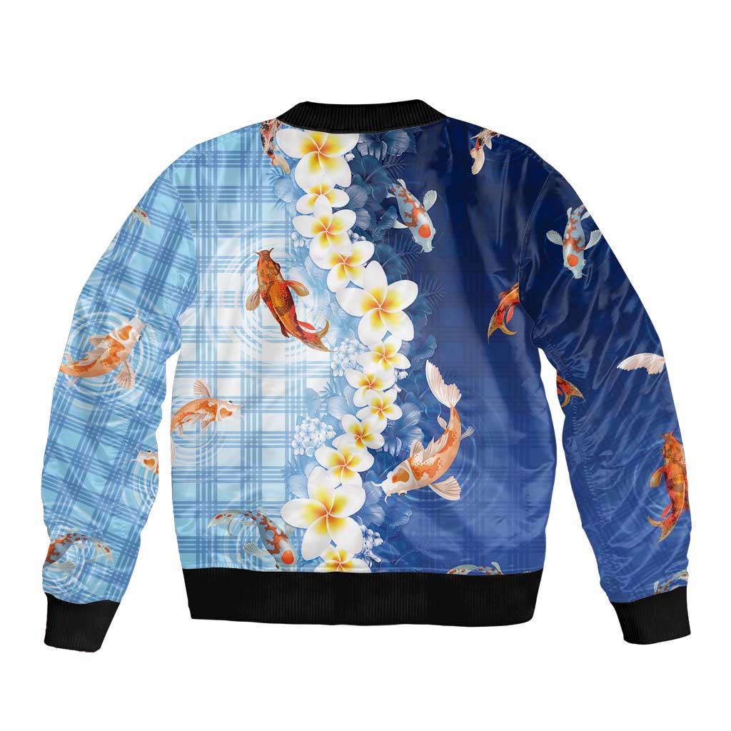 Hawaii And Japan Sleeve Zip Bomber Jacket Plumeria Lei With Koi Fish Blue - Polynesian Pride
