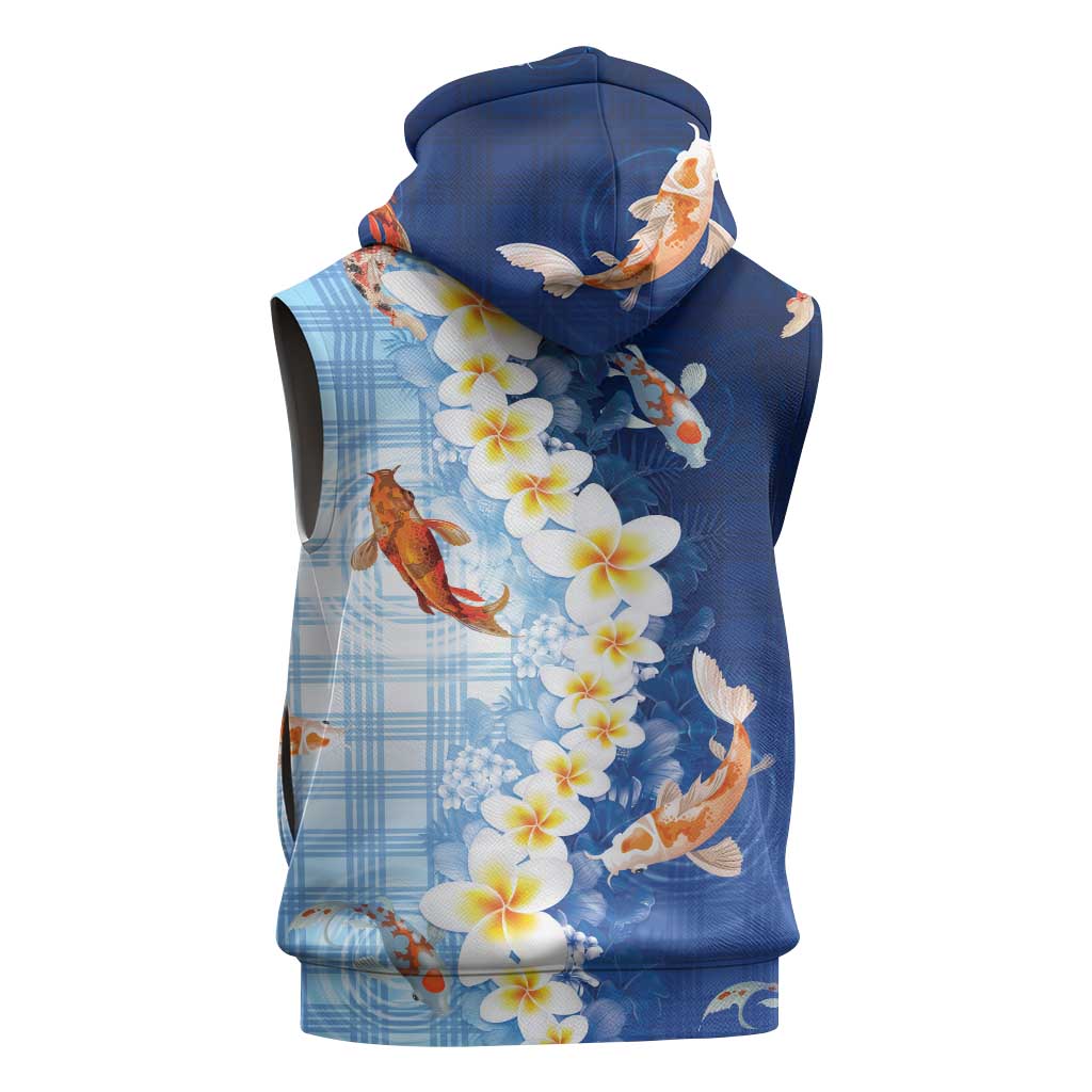 Hawaii And Japan Sleeveless Hoodie Plumeria Lei With Koi Fish Blue - Polynesian Pride