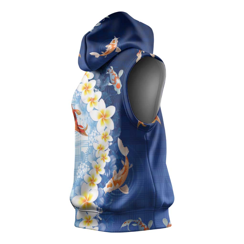 Hawaii And Japan Sleeveless Hoodie Plumeria Lei With Koi Fish Blue - Polynesian Pride