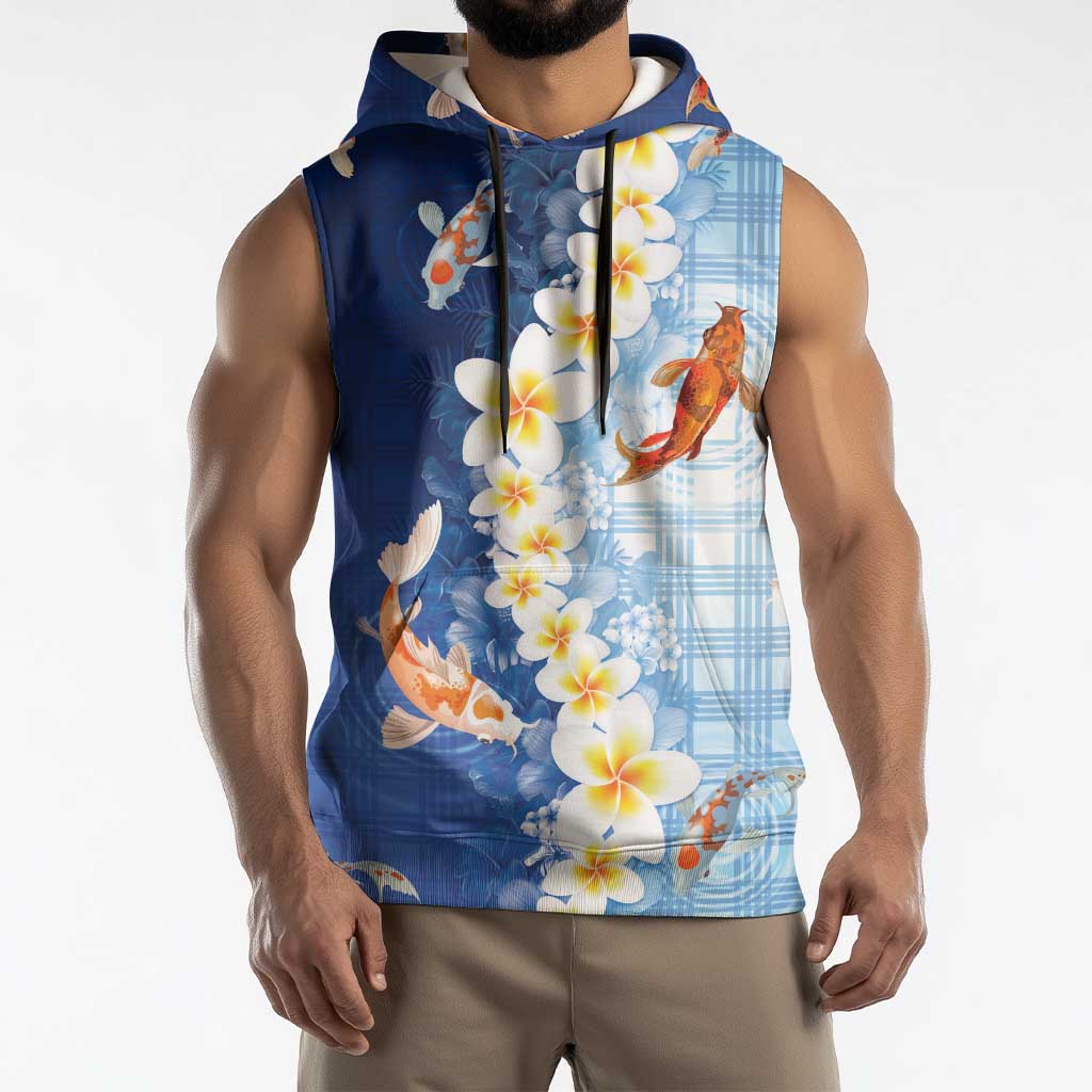 Hawaii And Japan Sleeveless Hoodie Plumeria Lei With Koi Fish Blue - Polynesian Pride