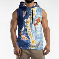 Hawaii And Japan Sleeveless Hoodie Plumeria Lei With Koi Fish Blue - Polynesian Pride