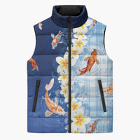 Hawaii And Japan Sleeveless Puffer Jacket Plumeria Lei With Koi Fish Blue - Polynesian Pride