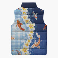 Hawaii And Japan Sleeveless Puffer Jacket Plumeria Lei With Koi Fish Blue - Polynesian Pride