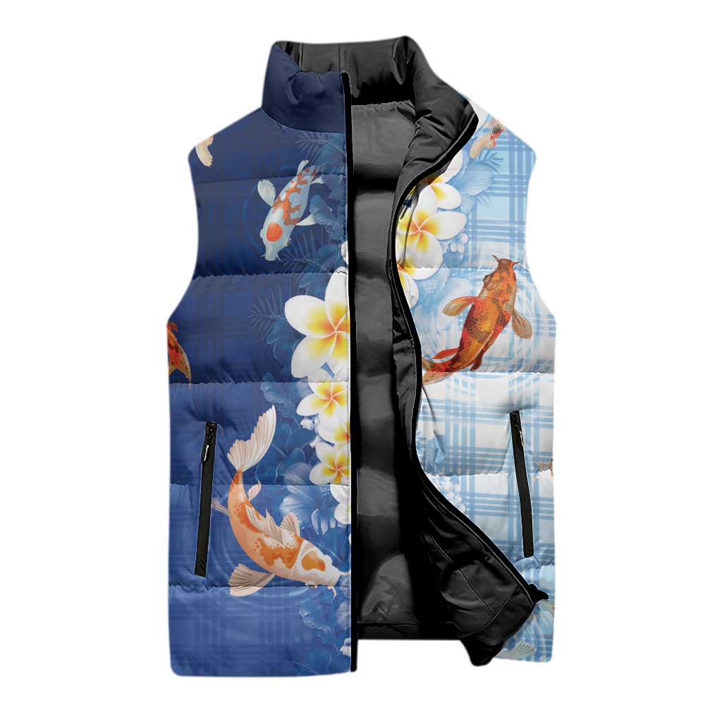Hawaii And Japan Sleeveless Puffer Jacket Plumeria Lei With Koi Fish Blue - Polynesian Pride