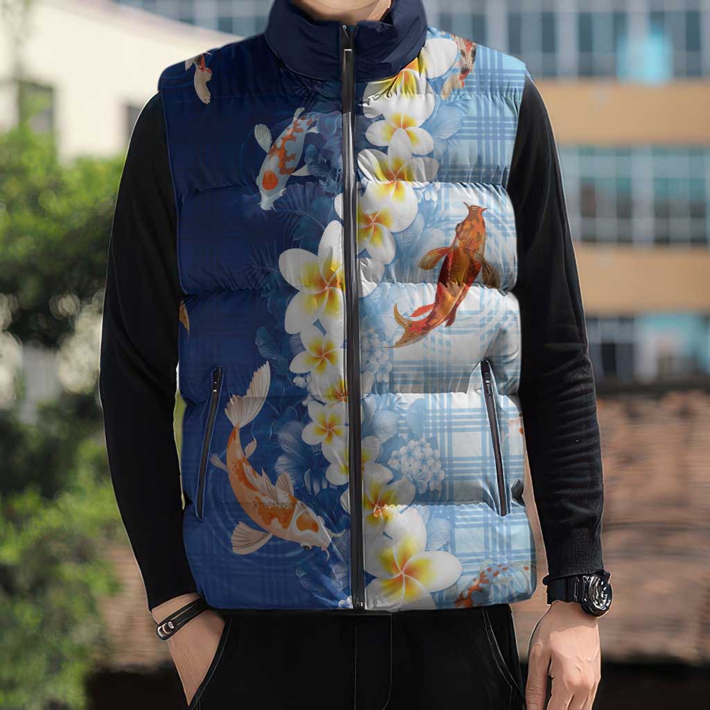Hawaii And Japan Sleeveless Puffer Jacket Plumeria Lei With Koi Fish Blue - Polynesian Pride