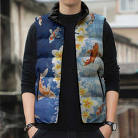 Hawaii And Japan Sleeveless Puffer Jacket Plumeria Lei With Koi Fish Blue - Polynesian Pride