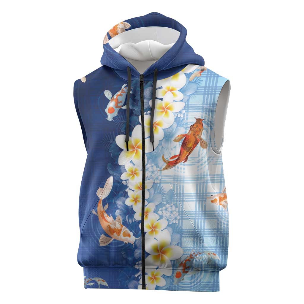 Hawaii And Japan Sleeveless Zip Hoodie Plumeria Lei With Koi Fish Blue LT05 Blue - Polynesian Pride
