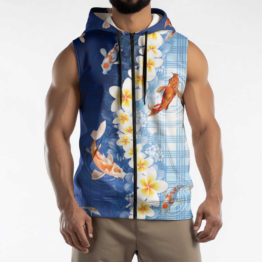 Hawaii And Japan Sleeveless Zip Hoodie Plumeria Lei With Koi Fish Blue - Polynesian Pride