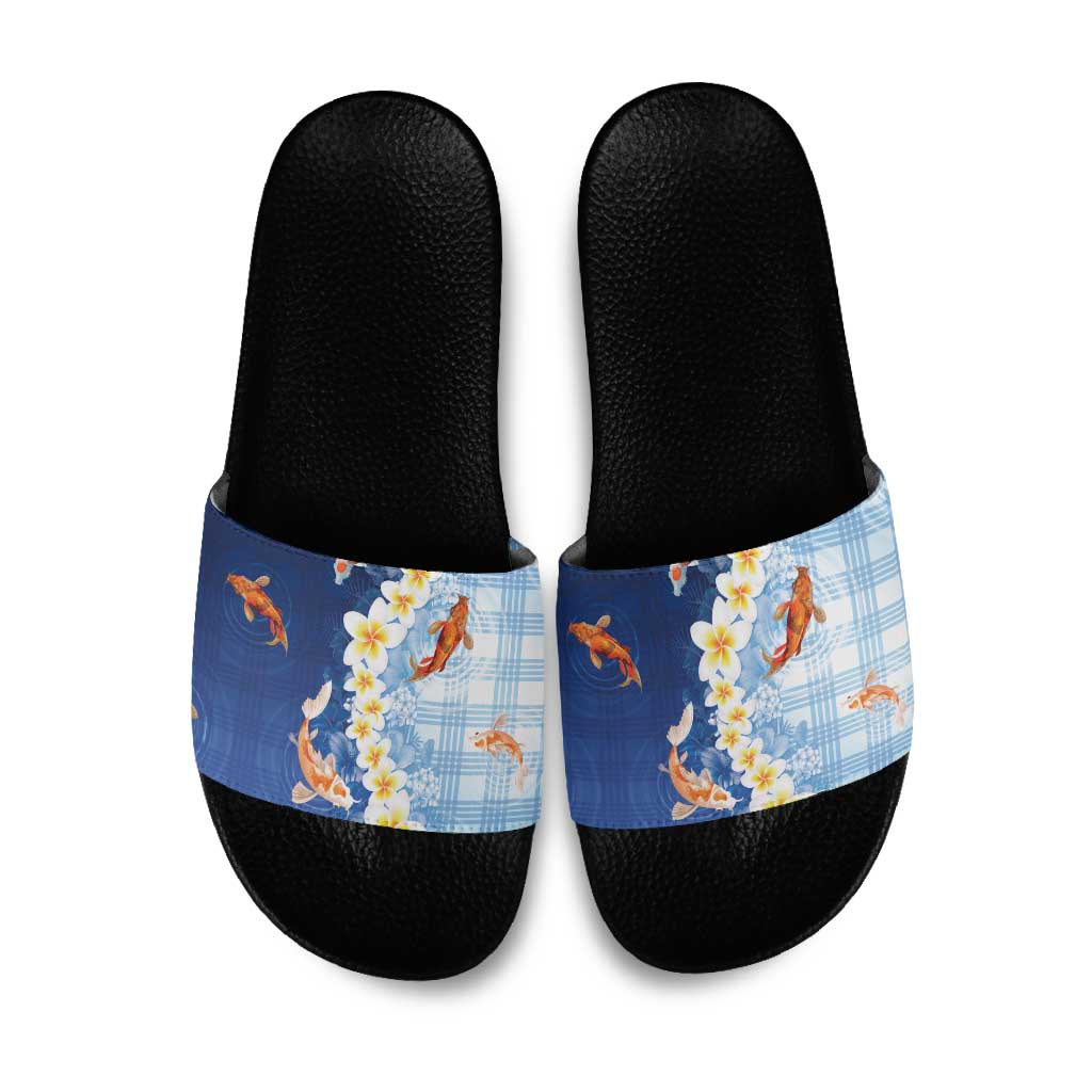 Hawaii And Japan Slide Sandals Plumeria Lei With Koi Fish Blue LT05 Blue - Polynesian Pride