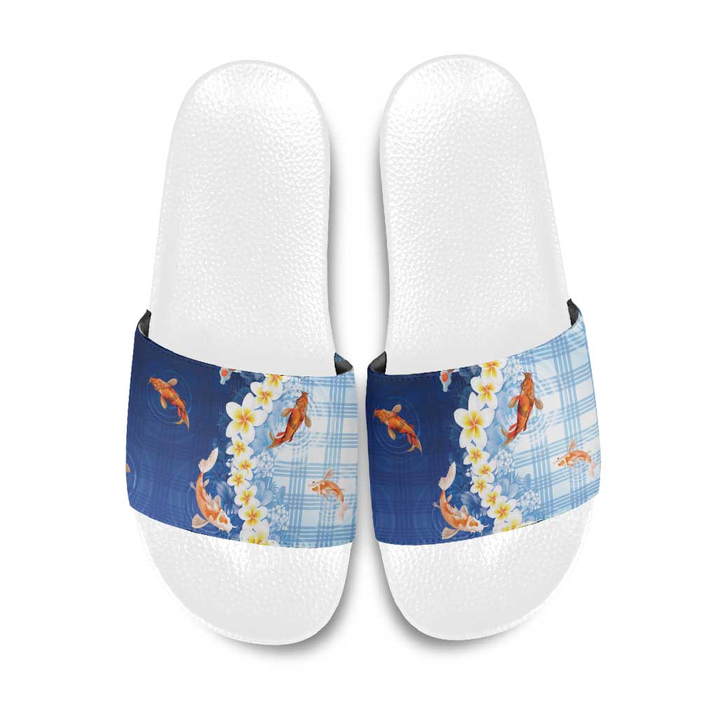 Hawaii And Japan Slide Sandals Plumeria Lei With Koi Fish Blue - Polynesian Pride