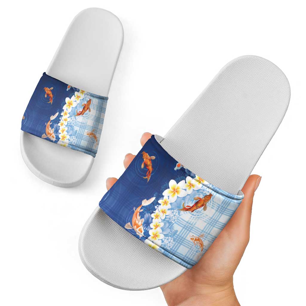 Hawaii And Japan Slide Sandals Plumeria Lei With Koi Fish Blue - Polynesian Pride
