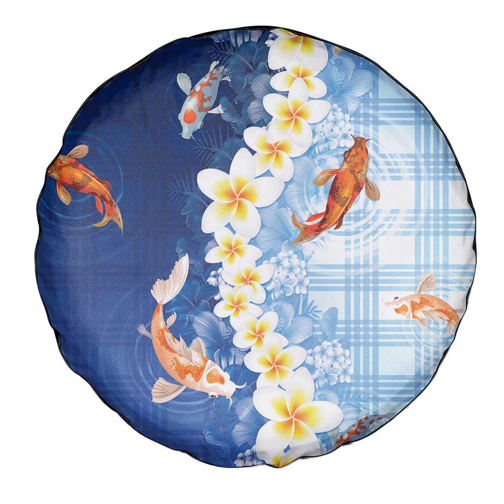 Hawaii And Japan Spare Tire Cover Plumeria Lei With Koi Fish Blue - Polynesian Pride