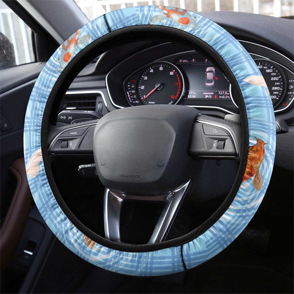 Hawaii And Japan Steering Wheel Cover Plumeria Lei With Koi Fish Blue - Polynesian Pride
