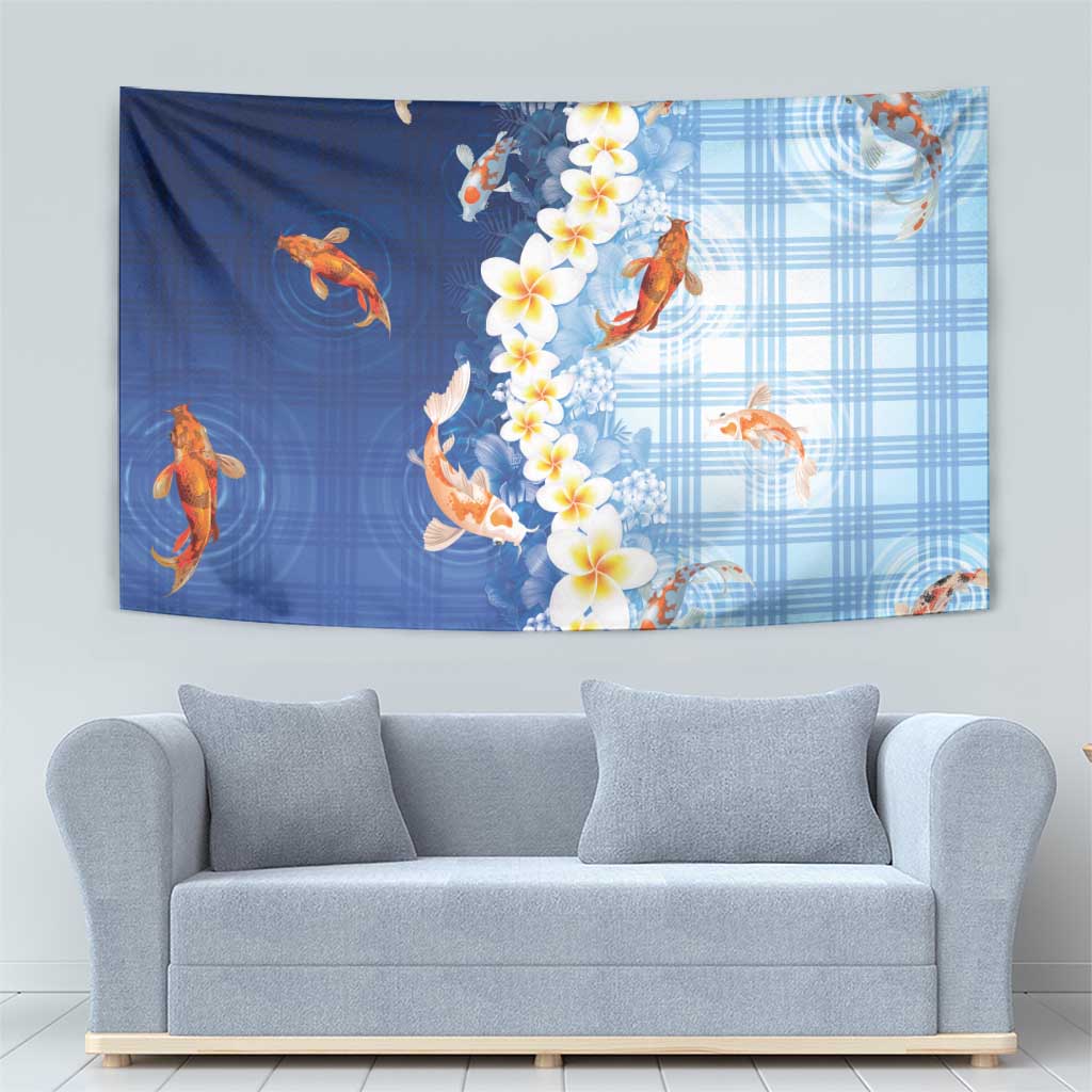 Hawaii And Japan Tapestry Plumeria Lei With Koi Fish Blue - Polynesian Pride