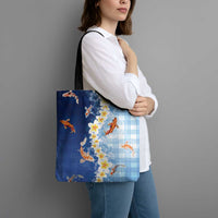 Hawaii And Japan Tote Bag Plumeria Lei With Koi Fish Blue - Polynesian Pride
