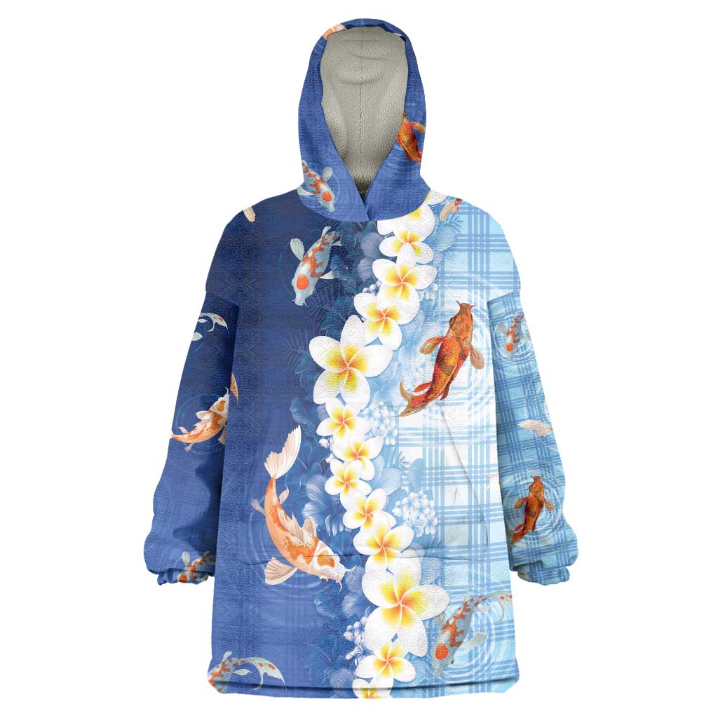 Hawaii And Japan Wearable Blanket Hoodie Plumeria Lei With Koi Fish Blue LT05 One Size Blue - Polynesian Pride