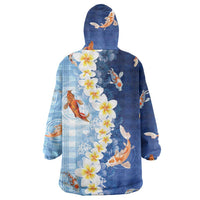 Hawaii And Japan Wearable Blanket Hoodie Plumeria Lei With Koi Fish Blue - Polynesian Pride