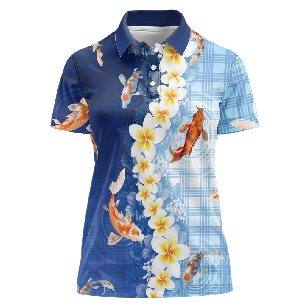 Hawaii And Japan Women Polo Shirt Plumeria Lei With Koi Fish Blue LT05 Female Blue - Polynesian Pride