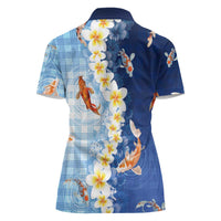 Hawaii And Japan Women Polo Shirt Plumeria Lei With Koi Fish Blue - Polynesian Pride