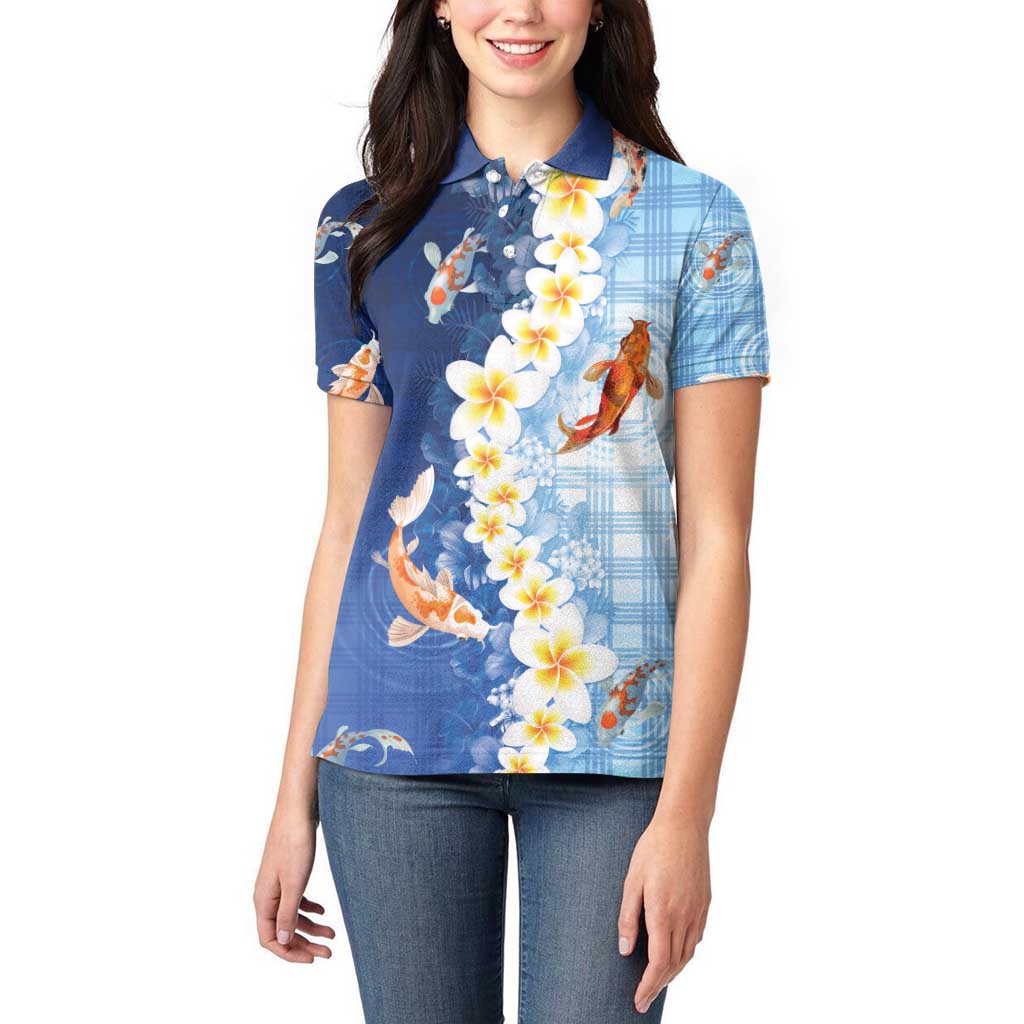 Hawaii And Japan Women Polo Shirt Plumeria Lei With Koi Fish Blue - Polynesian Pride