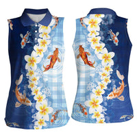 Hawaii And Japan Women Sleeveless Polo Shirt Plumeria Lei With Koi Fish Blue - Polynesian Pride