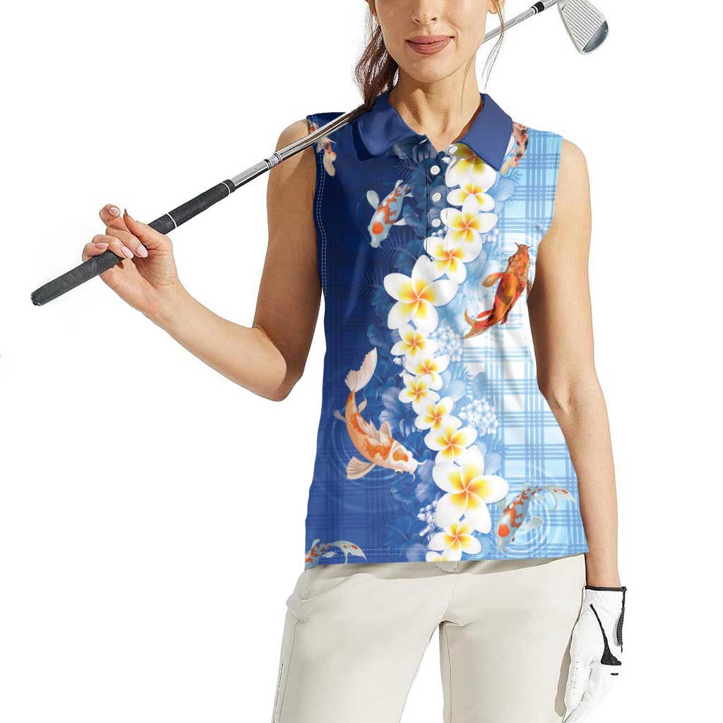 Hawaii And Japan Women Sleeveless Polo Shirt Plumeria Lei With Koi Fish Blue - Polynesian Pride
