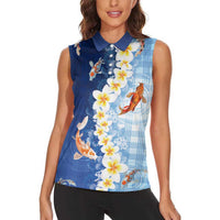 Hawaii And Japan Women Sleeveless Polo Shirt Plumeria Lei With Koi Fish Blue - Polynesian Pride