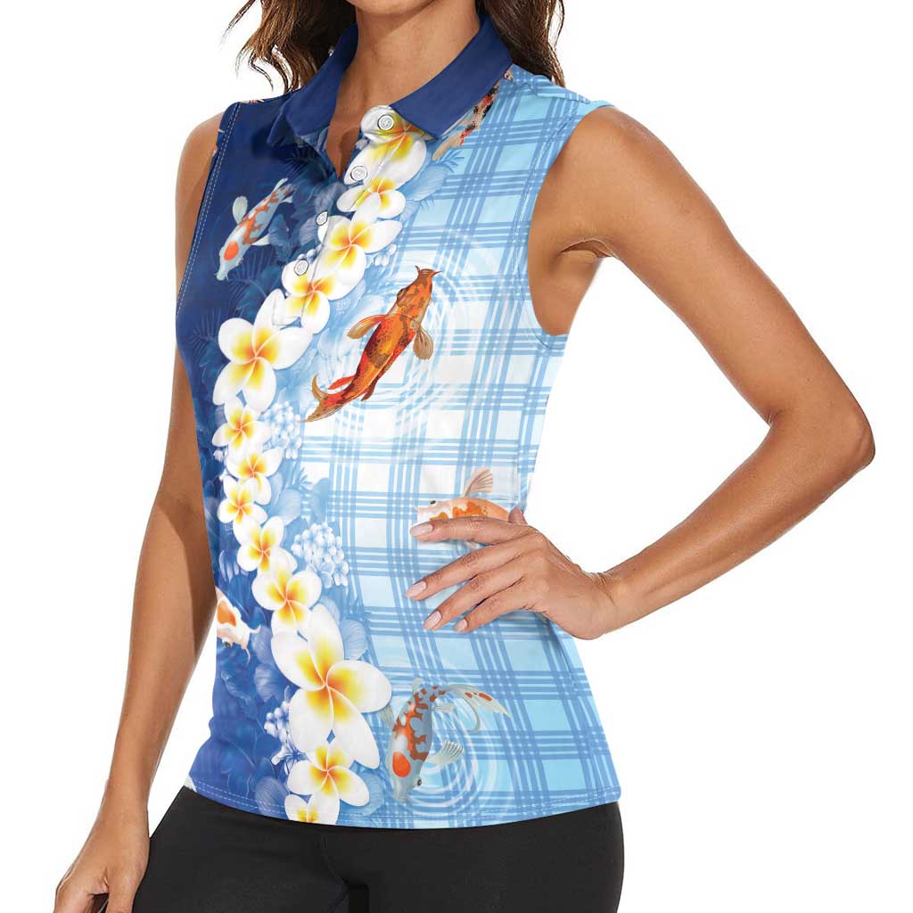 Hawaii And Japan Women Sleeveless Polo Shirt Plumeria Lei With Koi Fish Blue - Polynesian Pride