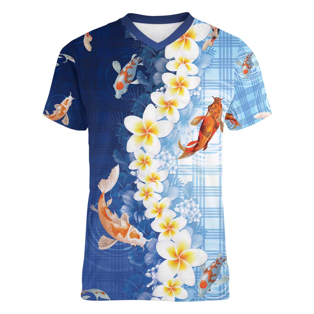 Hawaii And Japan Women V-Neck T-Shirt Plumeria Lei With Koi Fish Blue - Polynesian Pride
