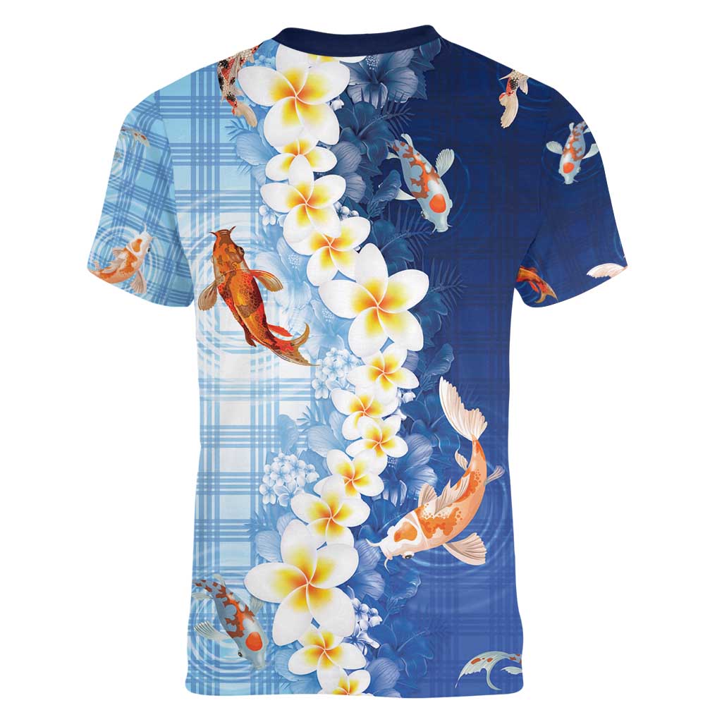 Hawaii And Japan Women V-Neck T-Shirt Plumeria Lei With Koi Fish Blue - Polynesian Pride