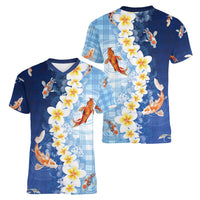 Hawaii And Japan Women V-Neck T-Shirt Plumeria Lei With Koi Fish Blue - Polynesian Pride