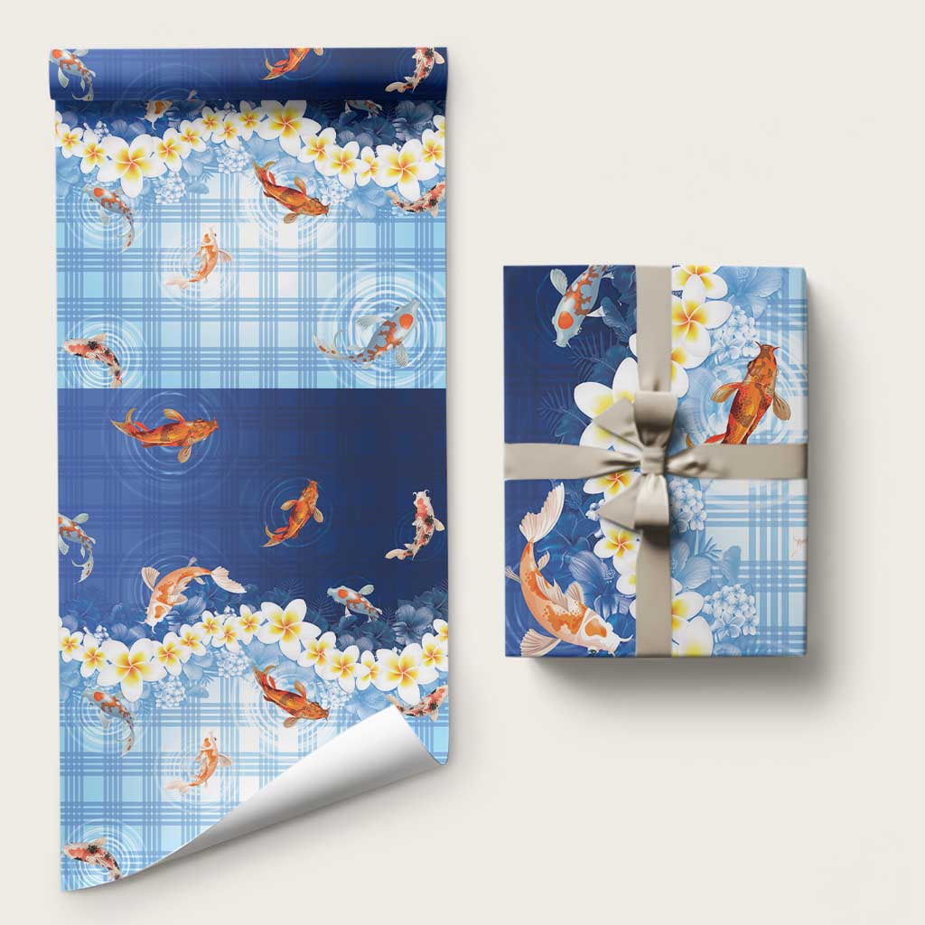 Hawaii And Japan Wrapping Paper Plumeria Lei With Koi Fish Blue