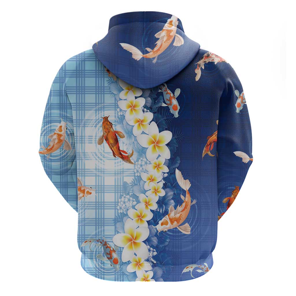 Hawaii And Japan Zip Hoodie Plumeria Lei With Koi Fish Blue - Polynesian Pride