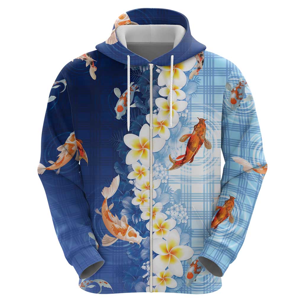 Hawaii And Japan Zip Hoodie Plumeria Lei With Koi Fish Blue - Polynesian Pride