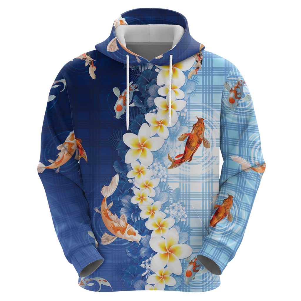 Hawaii And Japan Zip Hoodie Plumeria Lei With Koi Fish Blue - Polynesian Pride