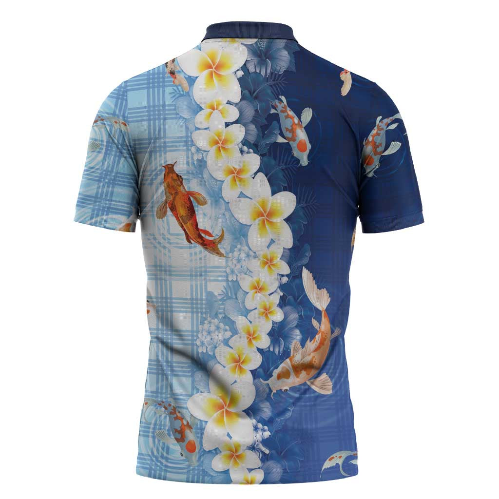 Hawaii And Japan Zipper Polo Shirt Plumeria Lei With Koi Fish Blue - Polynesian Pride