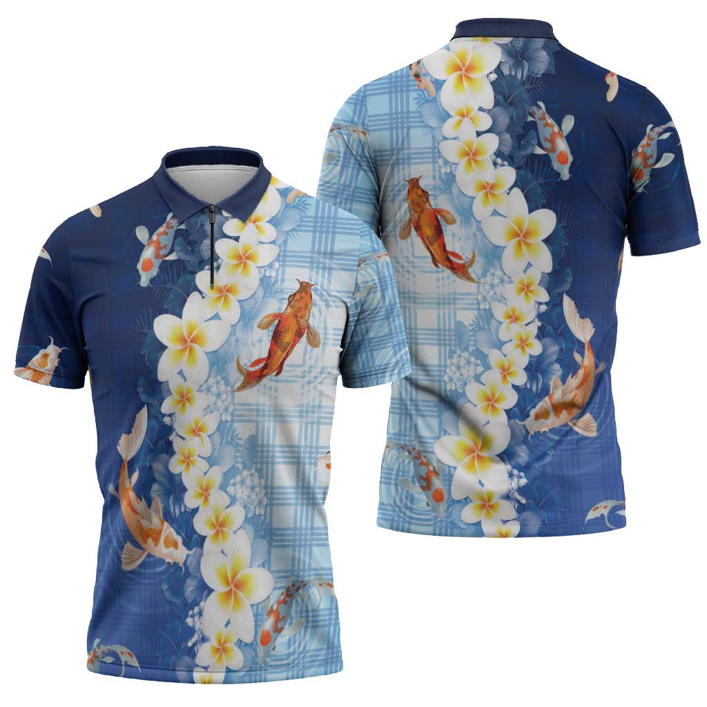 Hawaii And Japan Zipper Polo Shirt Plumeria Lei With Koi Fish Blue - Polynesian Pride