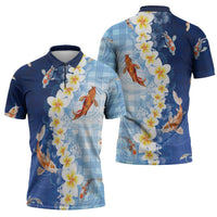 Hawaii And Japan Zipper Polo Shirt Plumeria Lei With Koi Fish Blue - Polynesian Pride