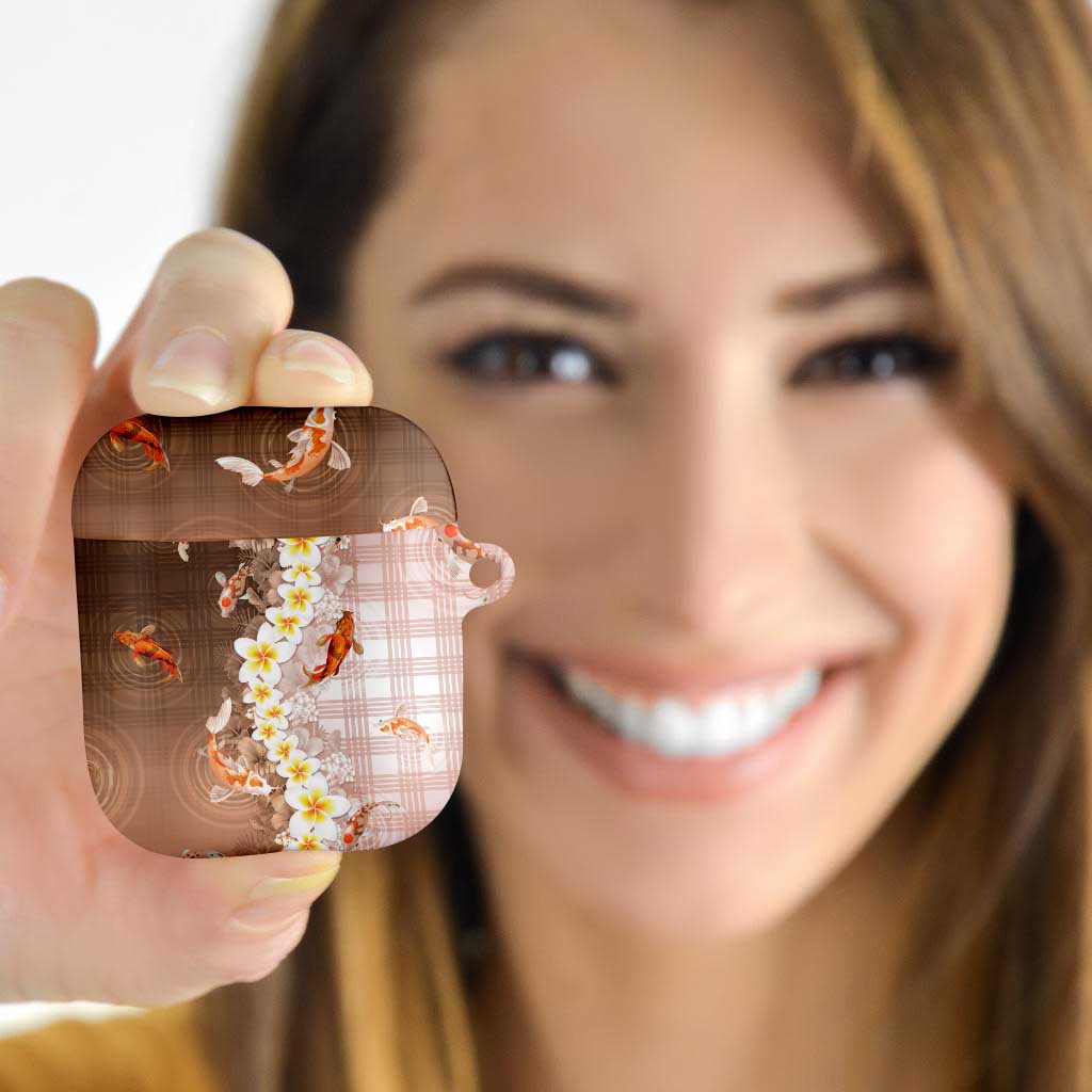 Hawaii And Japan AirPods Case Plumeria Lei With Koi Fish Beige - Polynesian Pride