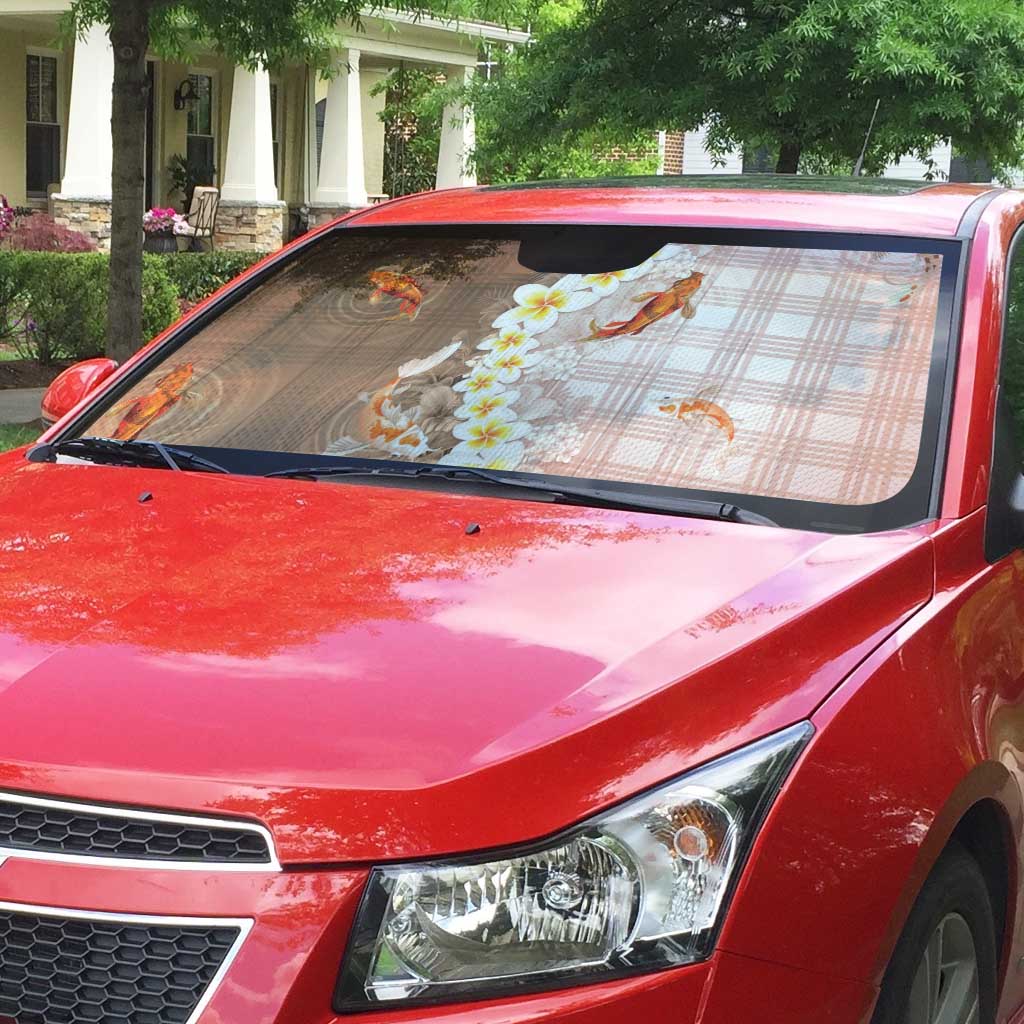 Hawaii And Japan Auto Sun Shade Plumeria Lei With Koi Fish Beige - Polynesian Pride