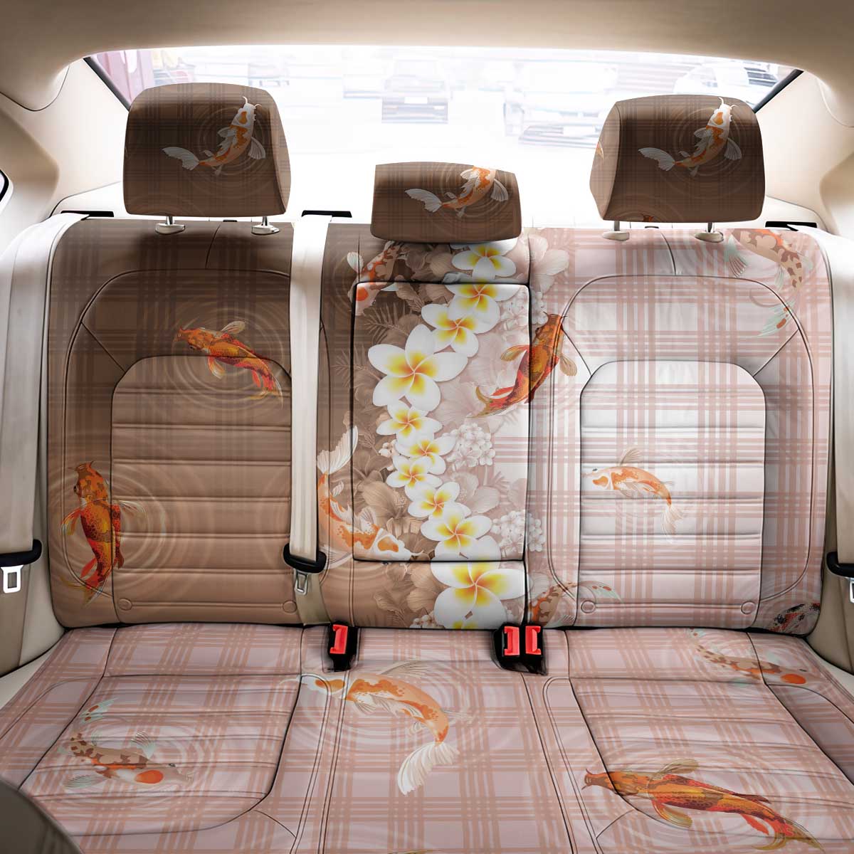 Hawaii And Japan Back Car Seat Cover Plumeria Lei With Koi Fish Beige - Polynesian Pride