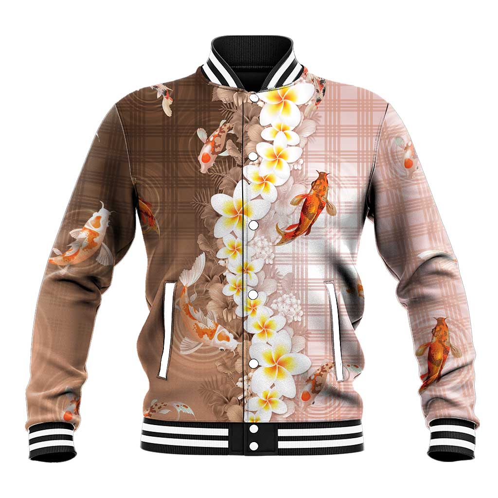 Hawaii And Japan Baseball Jacket Plumeria Lei With Koi Fish Beige - Polynesian Pride