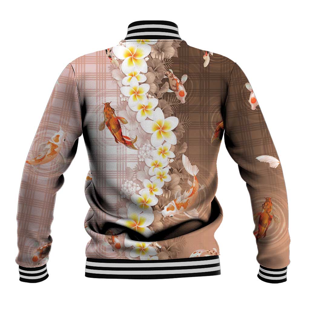 Hawaii And Japan Baseball Jacket Plumeria Lei With Koi Fish Beige - Polynesian Pride