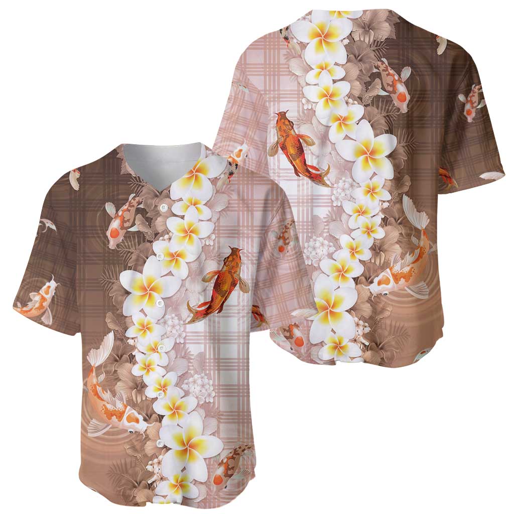 Hawaii And Japan Baseball Jersey Plumeria Lei With Koi Fish Beige - Polynesian Pride