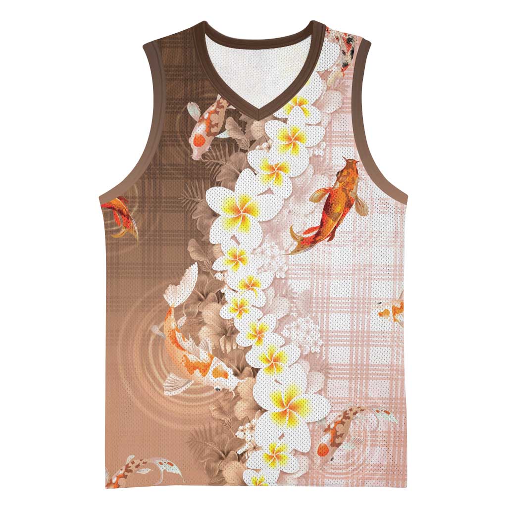Hawaii And Japan Basketball Jersey Plumeria Lei With Koi Fish Beige - Polynesian Pride