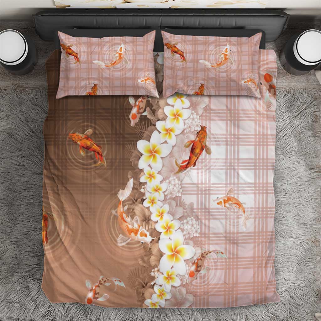 Hawaii And Japan Bedding Set Plumeria Lei With Koi Fish Beige - Polynesian Pride