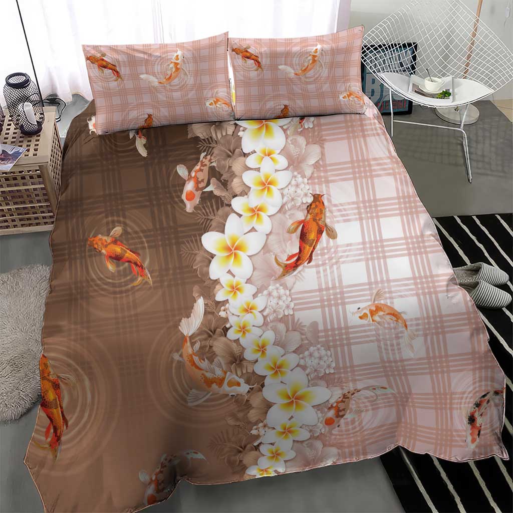 Hawaii And Japan Bedding Set Plumeria Lei With Koi Fish Beige - Polynesian Pride